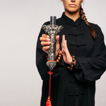 spada allungabile per Tai Chi KungFu Wushu lega metallica manico colori oro o bronzo con nappa rossa e custodia