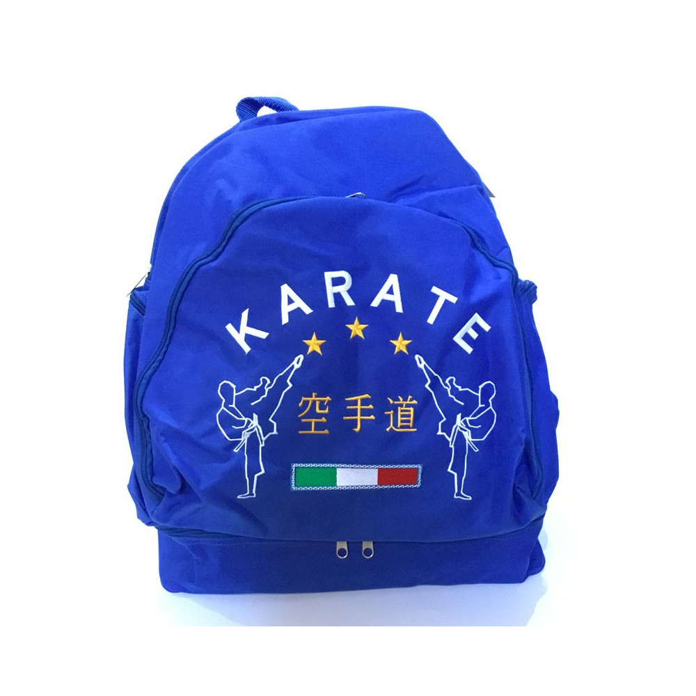 borsa zaino con tracolle e portascarpe con ricamo karate royal e nero borsa zaino con tracolle e portascarpe con ricamo karate royal e nero