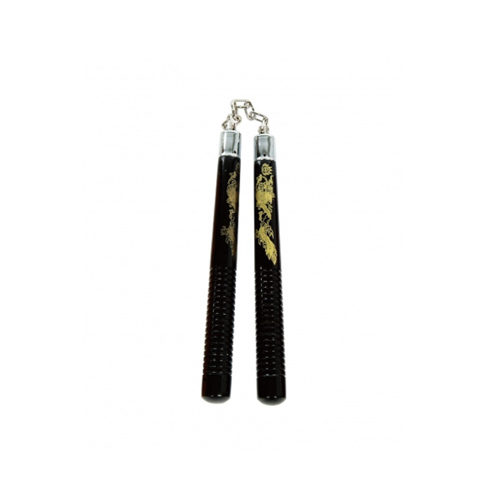 Nunchaku in legno tondo nero con stampa drago e manico inciso Nunchaku in legno tondo nero con stampa drago e manico inciso