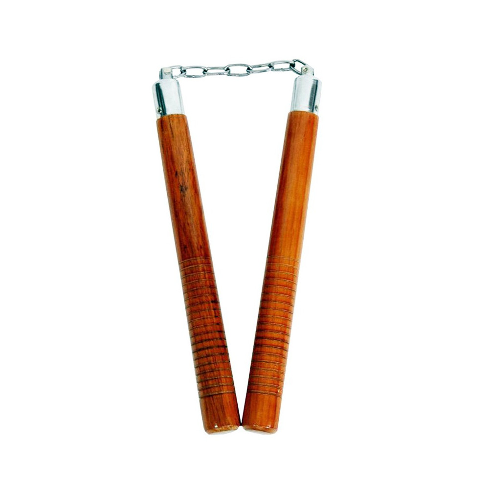 Nunchaku in legno naturale tondo con catena e manico inciso.