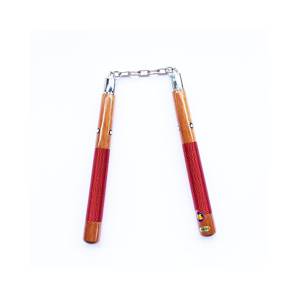 Nunchaku legno tondo catena manico rivestito seta rossa