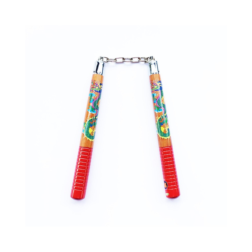 nunchaku legno tondo catena stampa drago manico laccato rosso nunchaku legno tondo catena stampa drago manico laccato rosso
