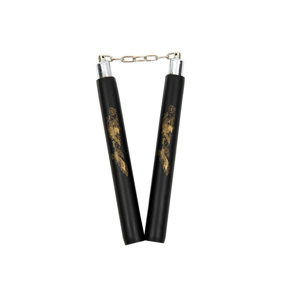 Nunchaku in spugna rivestito di gomma nero con catena e stampa drago. Nunchaku in spugna rivestito di gomma nero con catena e stampa drago.